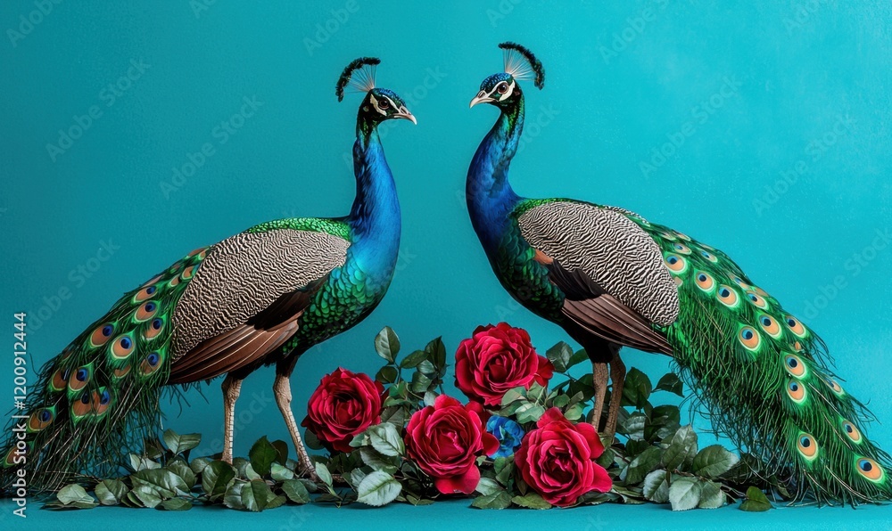 Graceful peacocks among roses close-up photography Graceful peacocks among roses close-up photography