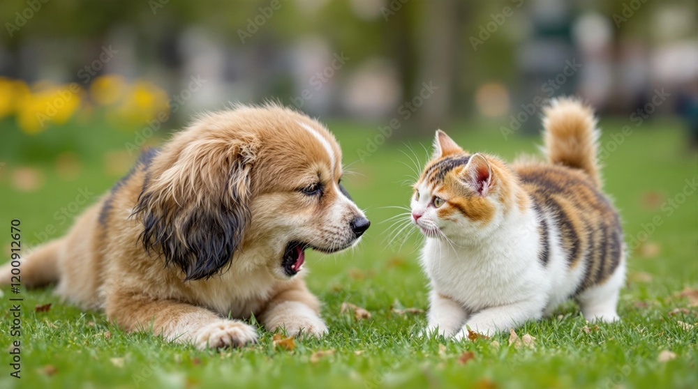 Cute Puppy and Kitten Interacting in a Green Outdoor Setting Cute Puppy and Kitten Interacting in a Green Outdoor Setting