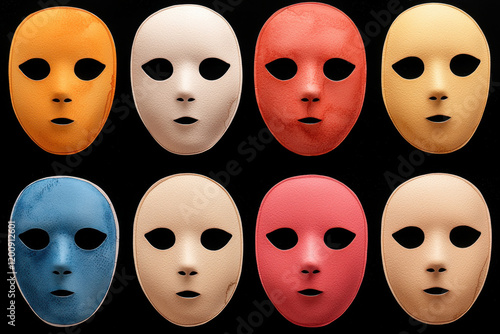 Colorful facial masks arranged in grid on black background, showcasing vibrant hues and smooth textures photo