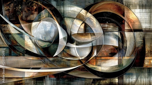 Abstract composition with swirling shapes and textures.