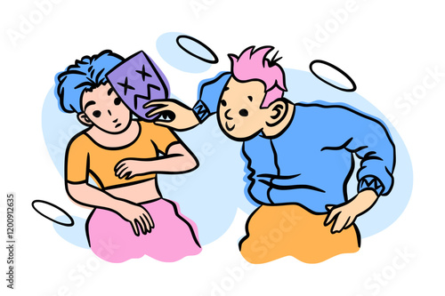 Mental health. Fake masks. Woman insincerity. Man exposing lie. Emotion expression disguise. Human relationship psychology. Dishonest people. False and fraud. Vector hypocrisy or falsehood concept