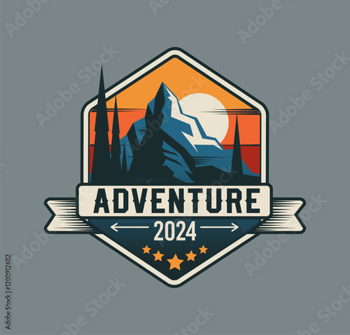 Logo badge mountain. Adventure logotype. Vintage wild nature travel emblem. Hiking or camping. Retro discovery, landscape sunset forest. Sticker design. Vector cartoon flat isolated illustration