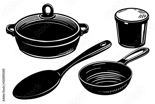 Cookware, cast iron cooking pot, nonstick pan, and glass