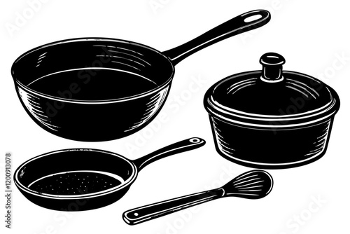 Cookware, cast iron cooking pot, nonstick pan, and glass