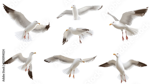 Flying seagulls isolated on white background. 
