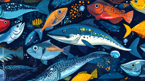 Fresh fish poster or banners templates for seafood or fish food market or shop. Vector set of fishing big catch of tuna, flounder or eel and salmon, marlin or pike and mackerel or herring sprats photo