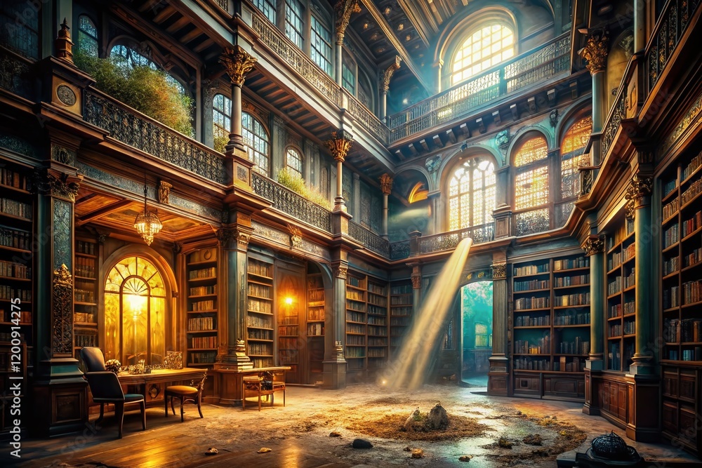 Fototapeta premium Abandoned Victorian Library: Frozen in Time, Low Light Photography
