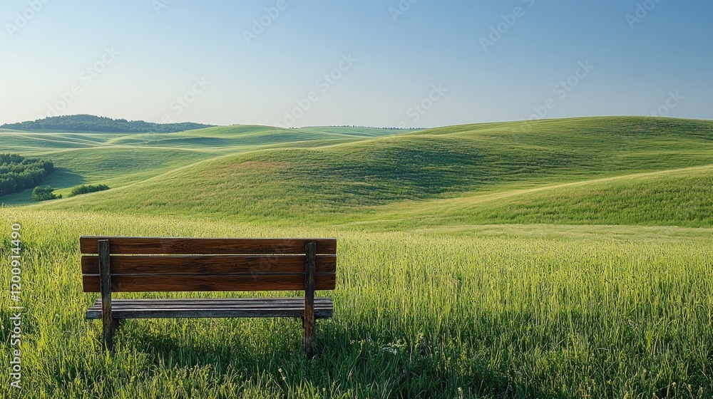 Wooden bench overlooking rolling green hills. Wooden bench overlooking rolling green hills.