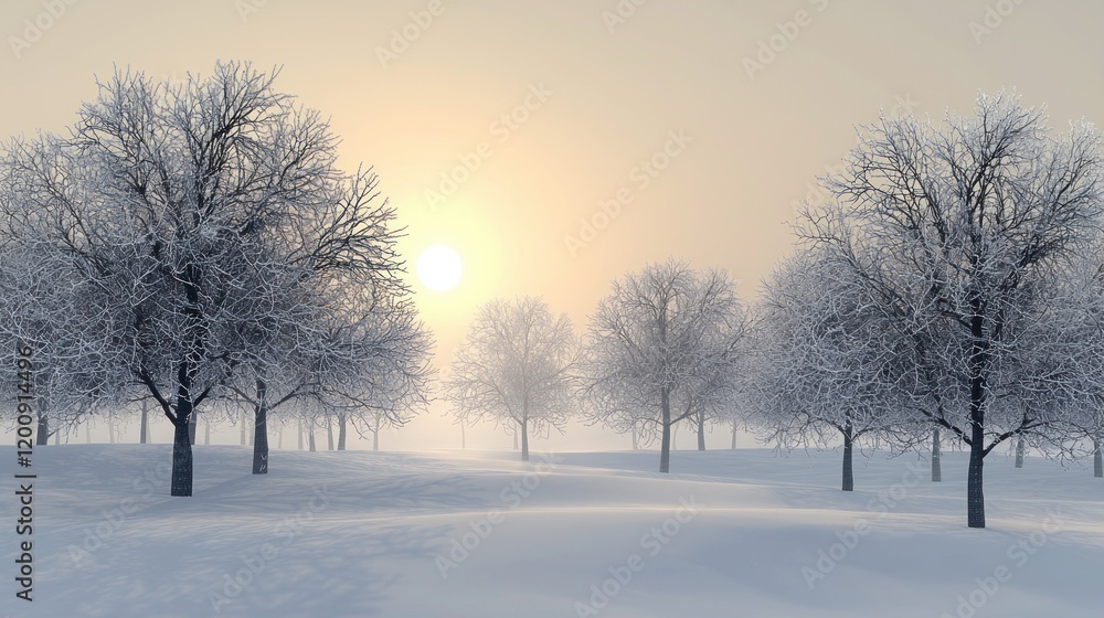 Serene winter landscape with snow-covered trees at sunrise. Serene winter landscape with snow-covered trees at sunrise.