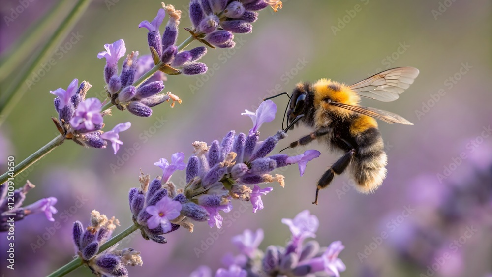 Bumblebee pollinating lavender flowers close-up. Bumblebee pollinating lavender flowers close-up.