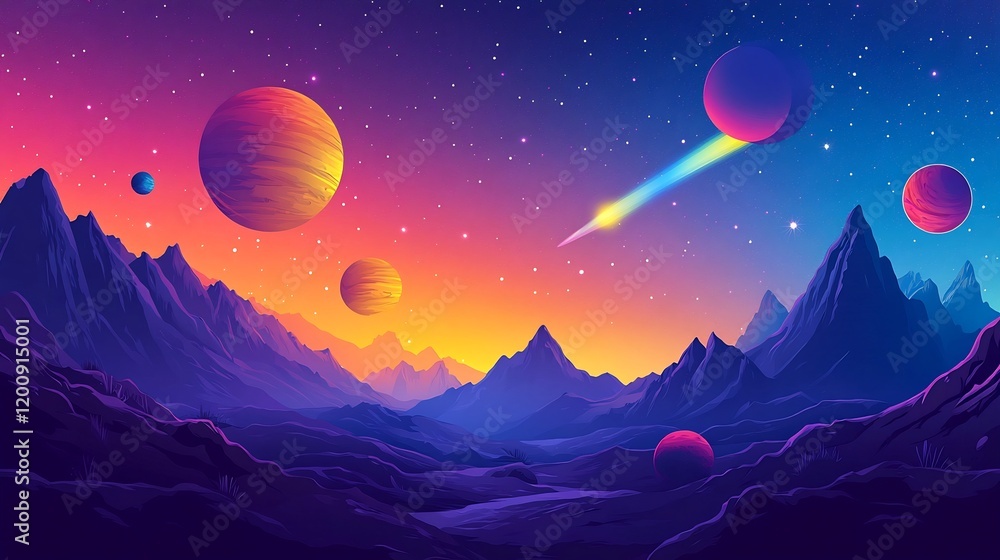 Fototapeta premium Cosmic Landscape with Vibrant Planets and Glowing Comets Minimalist Sci Fi Digital Art