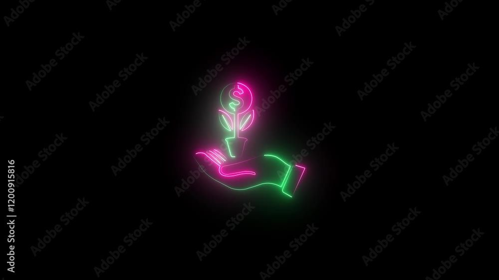 Glowing Neon Line Plant In Hand Of Environmental greenpink ram background Glowing Neon Line Plant In Hand Of Environmental greenpink ram background