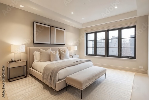 A minimalist bedroom with a focus on clean lines, neutral colors, and functional furniture. Opt for a monochromatic palette, seamless storage solutions