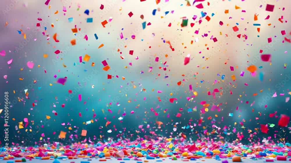 Colorful confetti celebration filling the air and landing on the ground amidst a blurred background