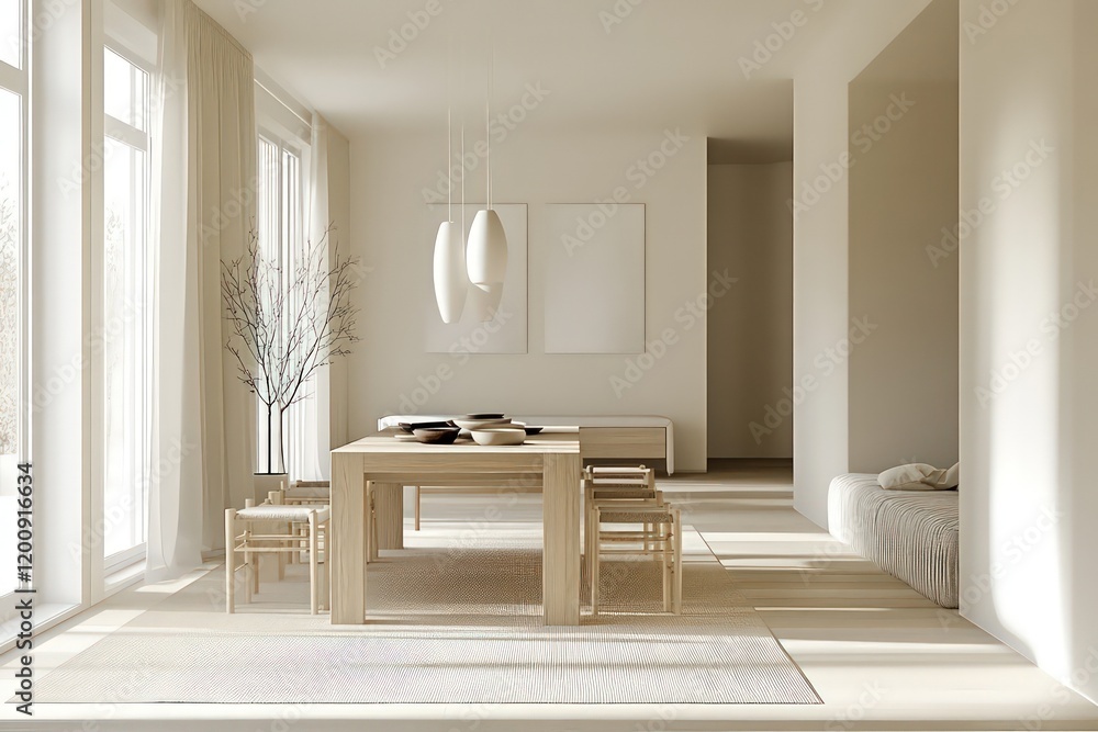 A minimalist dining room with a focus on clean lines, neutral colors, and functional furniture. Opt for a monochromatic palette, seamless storage A minimalist dining room with a focus on clean lines, neutral colors, and functional furniture. Opt for a monochromatic palette, seamless storage