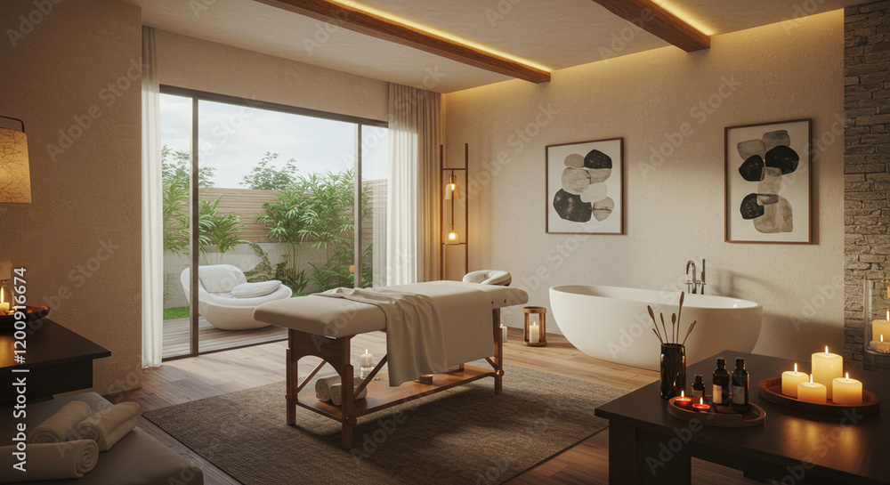 Fototapeta premium A visually appealing image showcasing a contemporary home spa retreat, with a glimpse into a luxurious and relaxing space