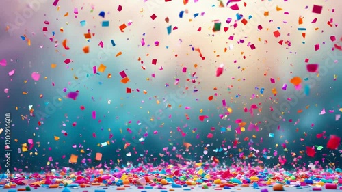 Colorful confetti celebration filling the air and landing on the ground amidst a blurred background