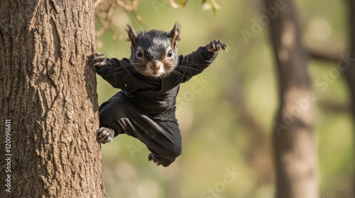 A squirrel wearing black ninja outfit leaps up a tree trunk in a forest. photo