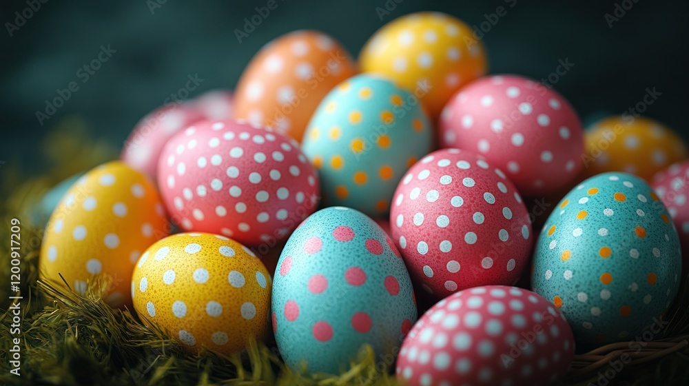 Fototapeta premium Vibrant Polka Dot Easter Eggs Nestled on a Natural Earthy Background