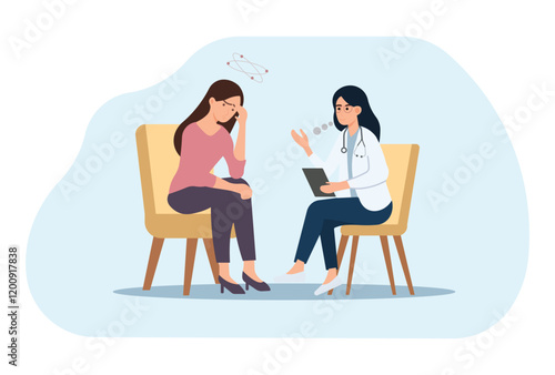 Illustration of a female doctor consulting a distressed woman, discussing mental health or stress management in a clinical setting.
 Perfect for healthcare, therapy, or emotional wellness themes.