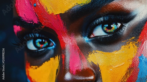 Vibrant paint art portrait, woman's eyes, colorful background, beauty campaign