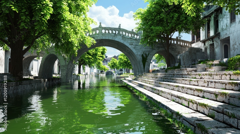 Naklejka premium Stone Bridge over Calm Canal