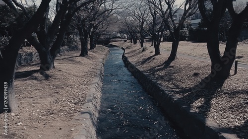 A tranquil stream winds through a park lined with bare trees on a cold, winter day.  Shadows stretch across the ground. photo