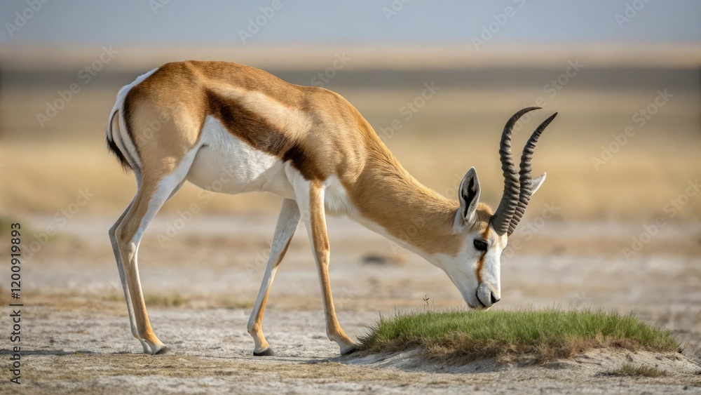 A springbok gazelle bends down to nibble on a particularly succulent patch of grass, its horns slightly curved as it lowers its head to the ground., kalahari, africa A springbok gazelle bends down to nibble on a particularly succulent patch of grass, its horns slightly curved as it lowers its head to the ground., kalahari, africa