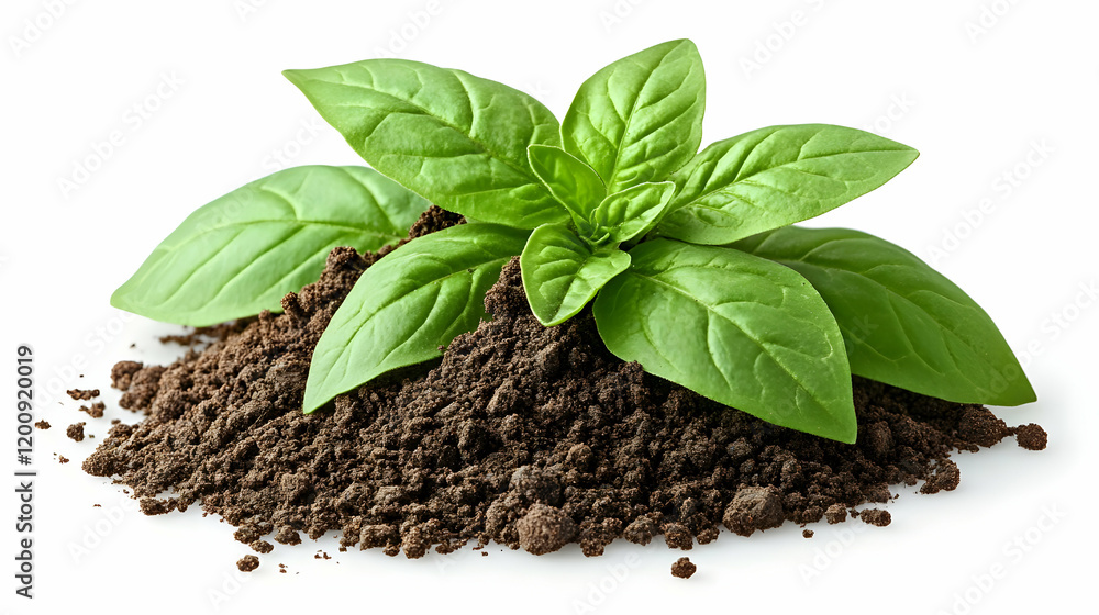 Fresh basil sprout in soil, white background, gardening Fresh basil sprout in soil, white background, gardening
