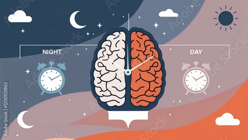 Illustration shows brain model with clock on. Night, day symbols on dual-toned background illustrate circadian rhythms. Concept image for sleep cycle, biological clock, health photo