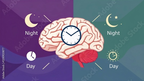 Illustration shows brain model with clock on. Night, day symbols on dual-toned background illustrate circadian rhythms. Concept image for sleep cycle, biological clock, health