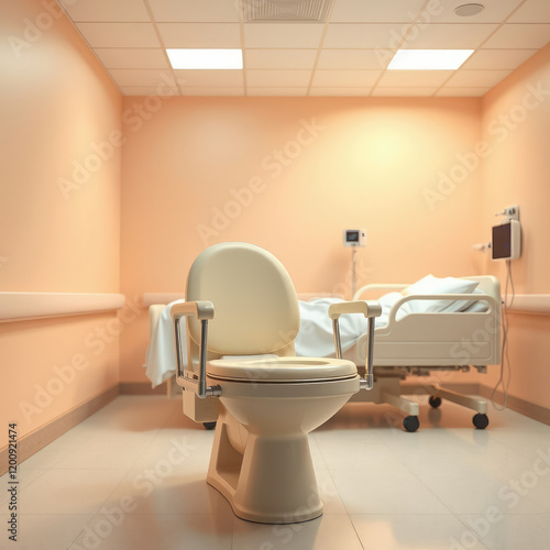 A toilet chair with a soft, padded seat and backrest, positioned in a hospital room with a postoperative patient's bed nearby,  medical furniture,  nursing home,  elderly care, rehabilitation photo