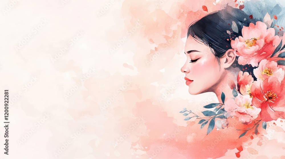Fototapeta premium Floral watercolor concept. A beautiful watercolor portrait of a woman surrounded by flowers and soft colors.