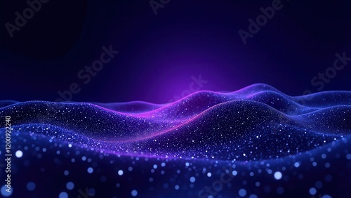 Mystical scene where wavy lines dance across a dark blue canvas, dotted with shimmering white specks. A soothing purple glow emanates from above, adding an ethereal touch to this abstract masterpiece photo