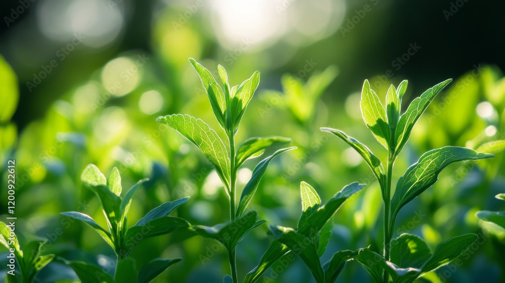 Obraz premium Stevia sweetener leaves icon. Healthy sweetener, natural supplement or healthy food emblem, stevia leaves extract vector label. Stevia product green icon or emblem with handwritten text