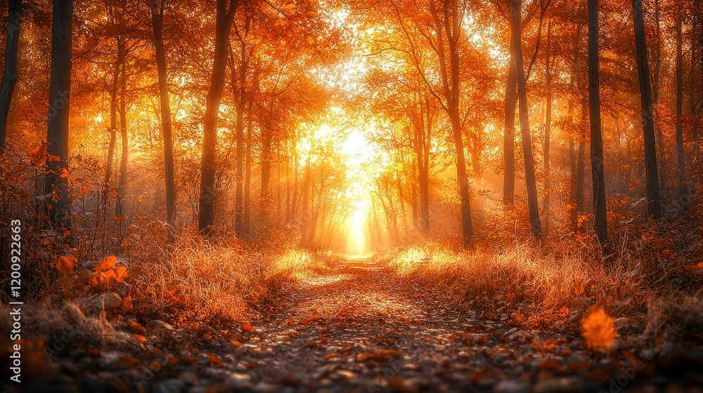Fototapeta premium Autumn Forest Path Sunrise Mist Fall Wallpaper