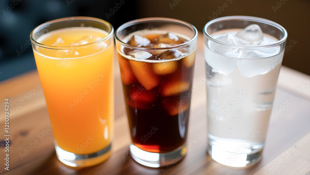 Three glasses, one with orange juice, one with a dark soda and ice, and one with water and ice, are displayed on a wooden table. Three glasses, one with orange juice, one with a dark soda and ice, and one with water and ice, are displayed on a wooden table.