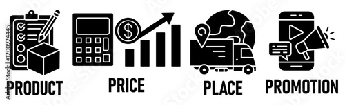 Banner Marketing Mix model illustration concept with icon of  price, product, promotion, place and promotion