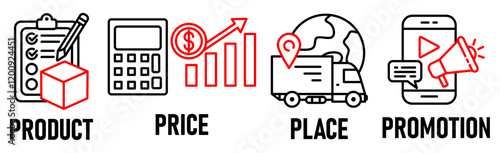 Banner Marketing Mix model illustration concept with icon of  price, product, promotion, place and promotion