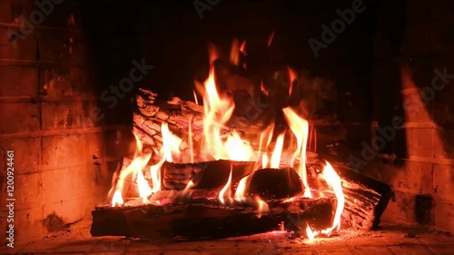 Fire burning in a fireplace, wood logs and flames. Warm home, heat. Christmas holiday