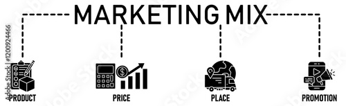 Banner Marketing Mix model illustration concept with icon of  price, product, promotion, place and promotion