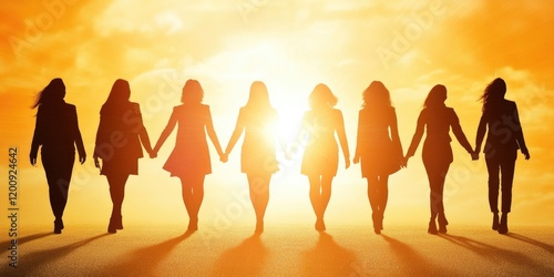 At sunset, a group of women stands side by side, holding hands to symbolize unity and empowerment in leadership roles. This gathering celebrates International Women's Day