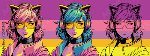 Portrait Girl with Cat Ear Headphones and Stylish Sunglasses in Retro Synthwave Art