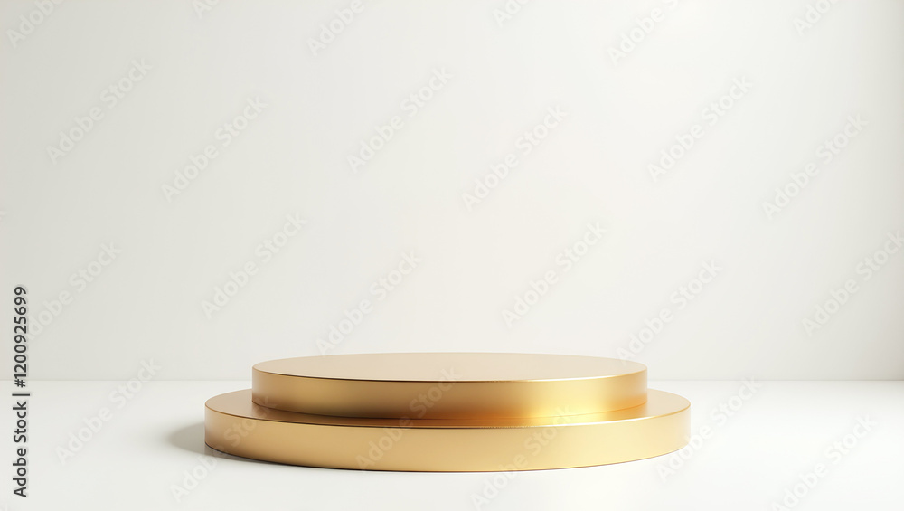 AI image features a two-tiered golden cylindrical podium set against a plain off-white background, designed for a minimalist and elegant product display. AI image features a two-tiered golden cylindrical podium set against a plain off-white background, designed for a minimalist and elegant product display.