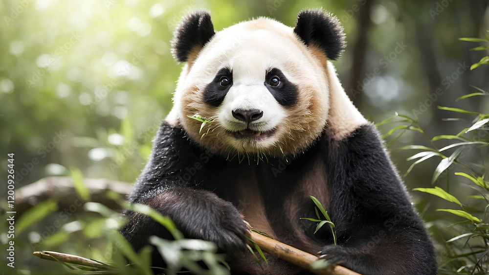 Fototapeta premium AI image shows a giant panda eating bamboo in a lush green forest, focusing on the panda's face and fur with soft, natural light filtering through the leaves.