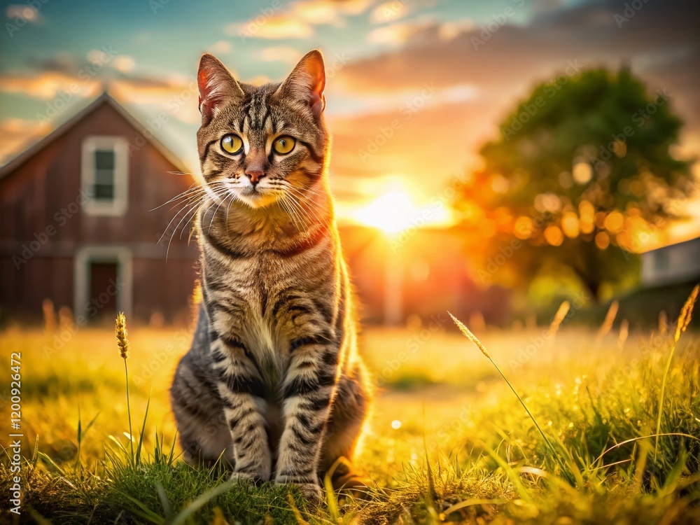 Adorable Farm Cat Posing, Bokeh Background, Rural Scene, Pet Photography Adorable Farm Cat Posing, Bokeh Background, Rural Scene, Pet Photography