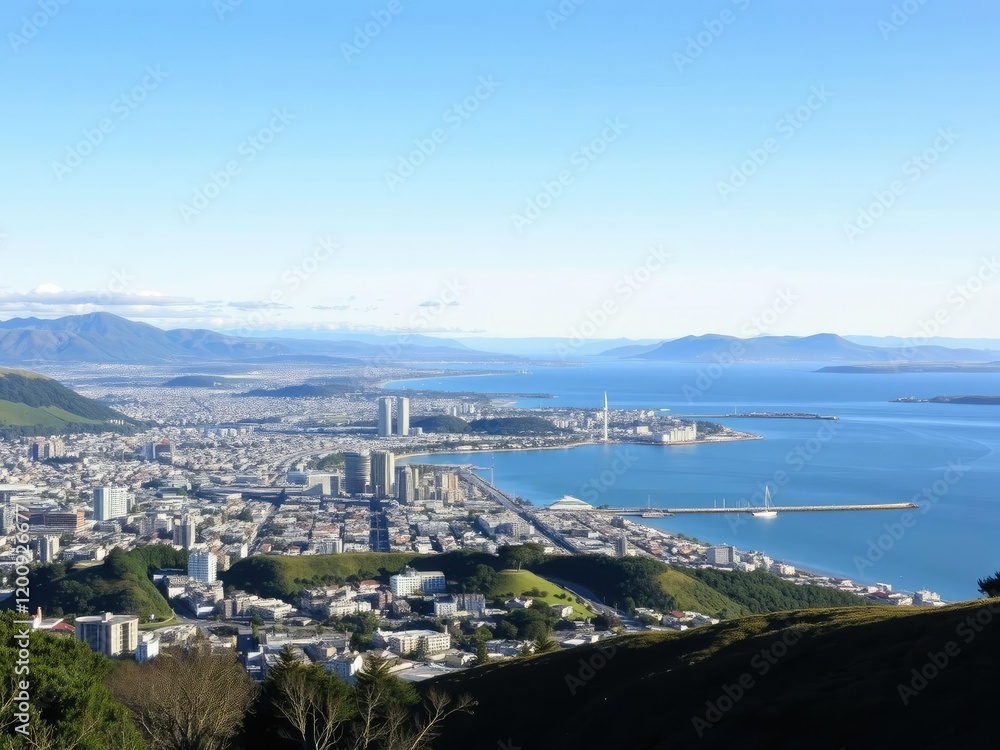 A stunning panoramic view of Wellington from Evan Hill to Oriental Bay, showcasing the city's waterfront and skyline, cityscape, buildings, travel A stunning panoramic view of Wellington from Evan Hill to Oriental Bay, showcasing the city's waterfront and skyline, cityscape, buildings, travel