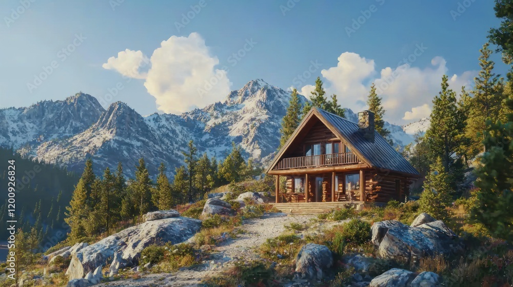 Fototapeta premium Mountain Log Cabin Retreat: A Serene Escape in the Majestic Alps