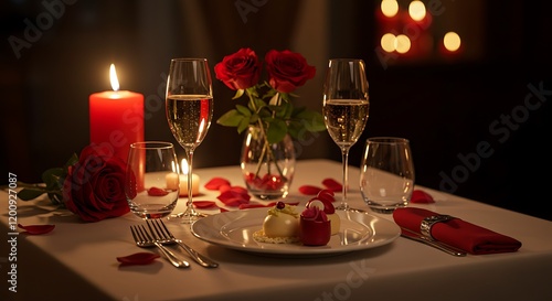Romantic Valentine's Day Dinner: Candlelit Table with Roses, Champagne & Dessert