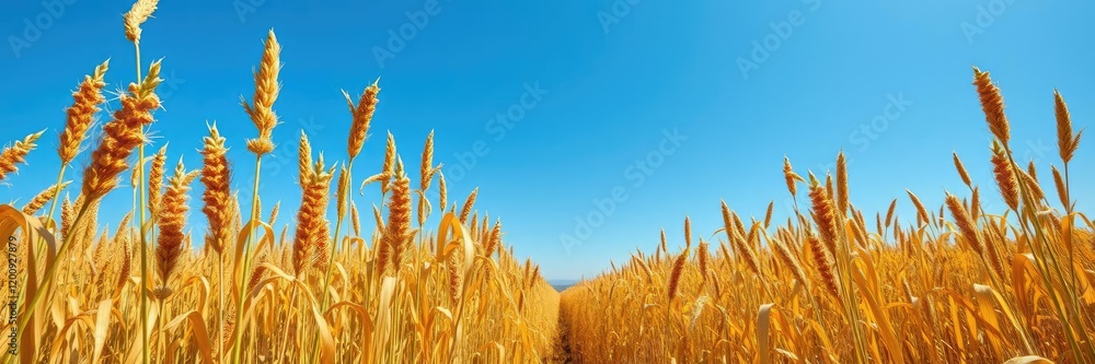 Fototapeta premium A vast field of golden ripe flax plants under a clear blue sky, ready for harvesting, harvest time, season